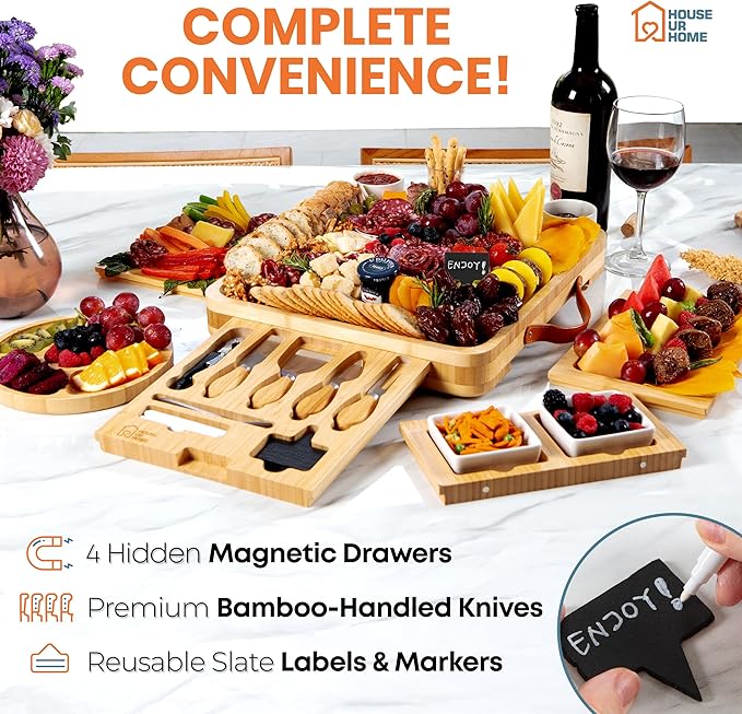 Large Charcuterie Board Gift Set - Bamboo Cheese Board with 4 Drawers, Knives & Ceramic Bowls - Perfect Valentine's Day Gifts for Her, Date Night, Anniversary & Housewarming Gift for Couples