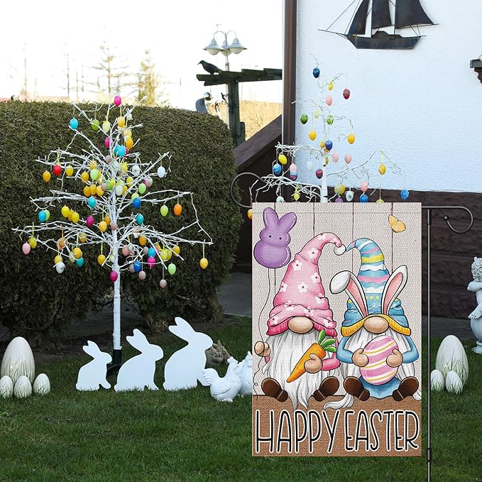 Easter Garden Flag 12×18 Double Sided, Vertical Burlap Gnomes Happy Easter Flags Outside Holiday Yard Decoration