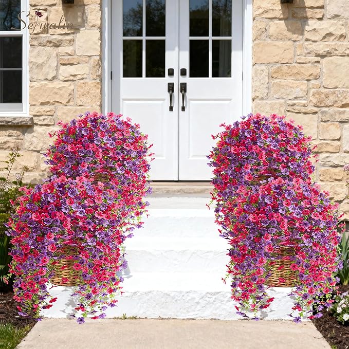 Serwalin 6PCS Artificial Fall Flowers for Outdoors Decoration, Realistic Silk Artificial Fall Hanging Flowers for Patio, Garden, Porch, Window, Outside (Purple& Hot Pink,6PCS)