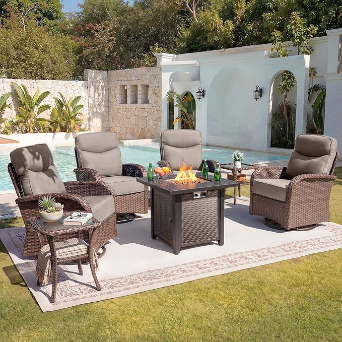 Belord Upgraded 6“ Cushion Luxury 7 Piece Patio Furniture Set with Fire Pit Table - Outdoor Furniture Set with High Back Swivel Rocker Patio Chairs, Conversation Set for Deck Porch Yard - Brown/Beige