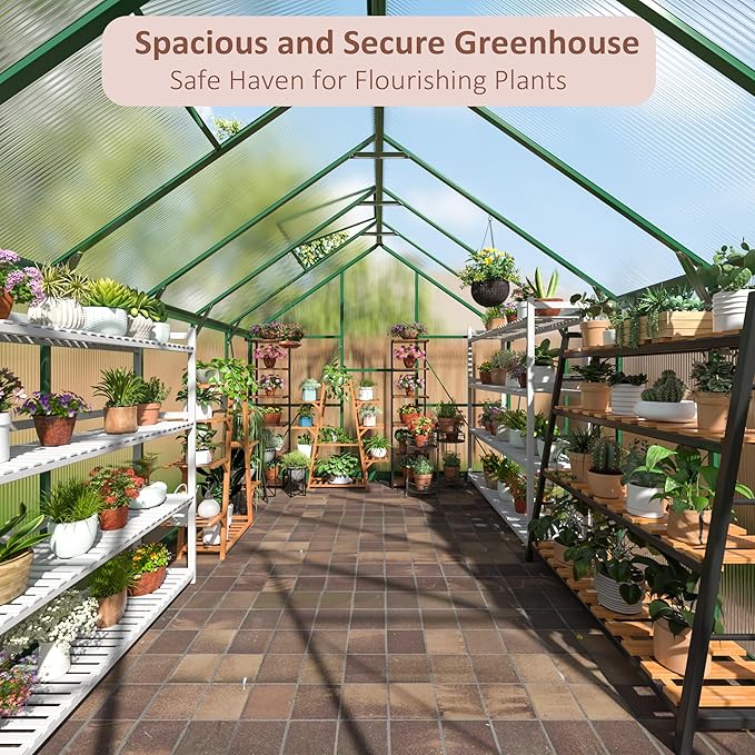 8x12 FT Greenhouse for Outdoors, Quick Setup Polycarbonate Greenhouse for Outside with Roof Vent, Aluminum Large Walk-in Green House for Garden Backyard, Green