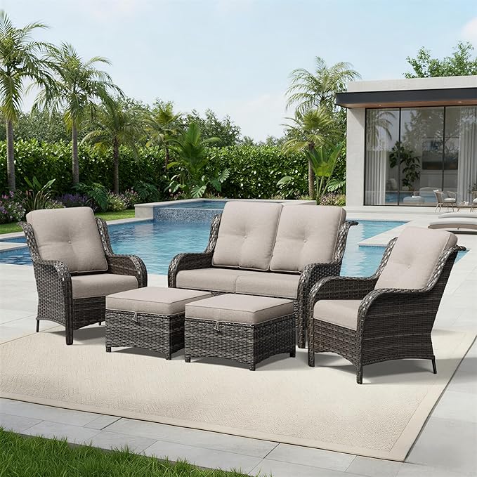Joyside 5 Piece Wicker Patio Furniture Set, Rattan Patio Chairs with High Back, Deep Seating, Wide Armrest, Thickened Cushions, Outdoor Furniture for Deck, Porch Use