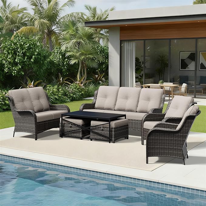 Joyside 7 Piece Wicker Patio Furniture Set, Rattan Patio Chairs with High Back, Deep Seating, Wide Armrest, Thickened Cushions, Outdoor Furniture for Deck, Porch Use