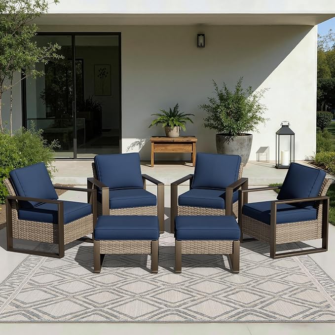 Joyside Outdoor Patio Chairs, 6 Pieces Wicker Rattan Furniture Set, 4 Patio Chairs and 2 Ottoman, Metal Wide Armrest, Thick Cushions and Deep Seating for Garden, Backyard, Porch, Deck