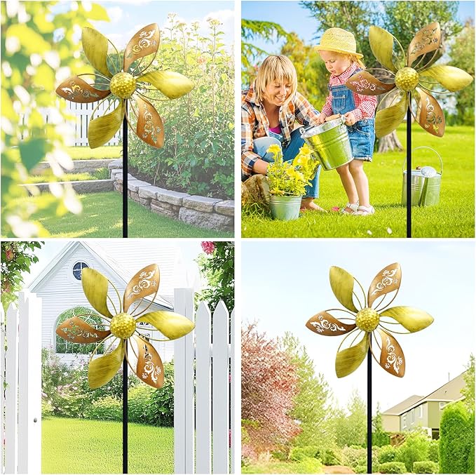 Gronhof Wind Spinners Outdoor Metal, 10.63" W*37" H Pinwheels for Yard and Garden Decor, Kinetic Wind Sculpture Spinner (Gold Ornate Laser-Cut Floral)