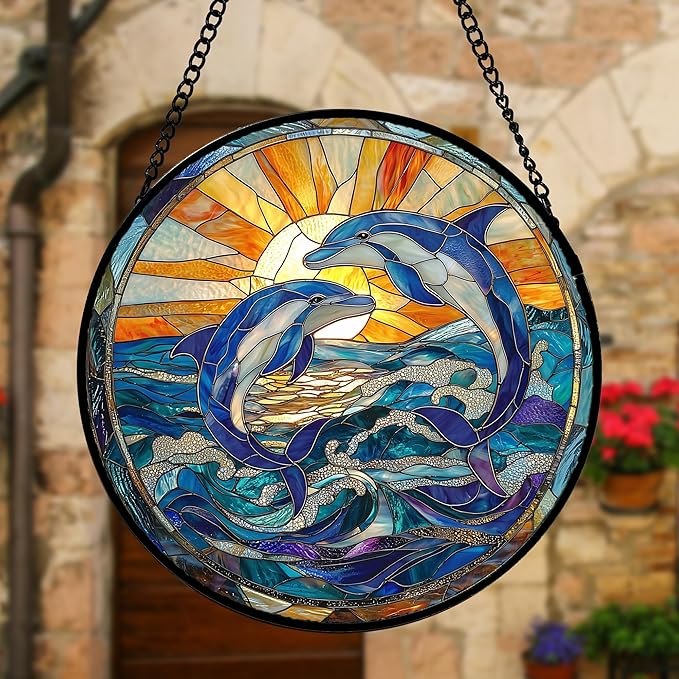 DASTOLL Stained Glass Window Hanging, Blue Dolphin Sun Catchers Colorful Glass Panel Sunrise Sea View Suncatcher Decor for Birthday for Women, Men, Wife, Aunt, and Mom 11.8x11.8 in