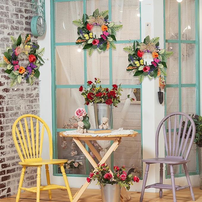 6 PCS Mini Spring Summer Kitchen Cabinet Wreaths Small Butterfly Tulip Lavender Eucalyptus for Front Door with Ribbon Berry Spring Floral Silk Flowers Wreath for Porch Wall Window Farmhouse Decor