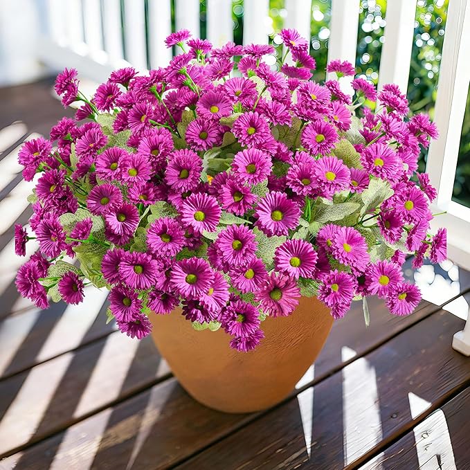 HyeFlora Artificial Flowers for Outdoors Spring Summer Outside Decor, 6 Bundles Fake Daisy Wild Silk Flowers UV Resistant Outdoor Faux Plants for Planter Front Door Porch Balcony Yard, Fuchsia