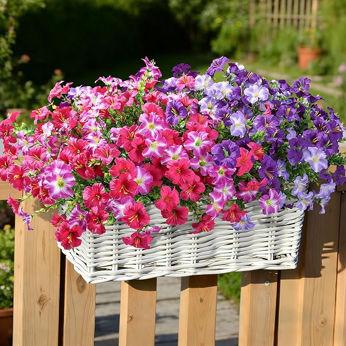 Artificial Flowers for Outdoors Fake Plants Outside Decoration, 20 Bundles Purple Silk Petunia with Eucalyptus UV Resistant Realistic Faux Flowers for Outdoor Planters Garden Balcony Yard Porch Patio
