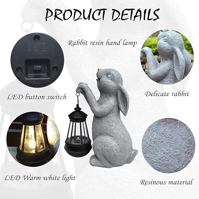 Qobumy Rabbit Solar Garden Statues,Resin Rabbit Figurine Decorations with Solar Lights Lantern, Outdoor Figurines Lawn Garden Statue Decor Art for Lawn,Yard, Balcony Ornament.
