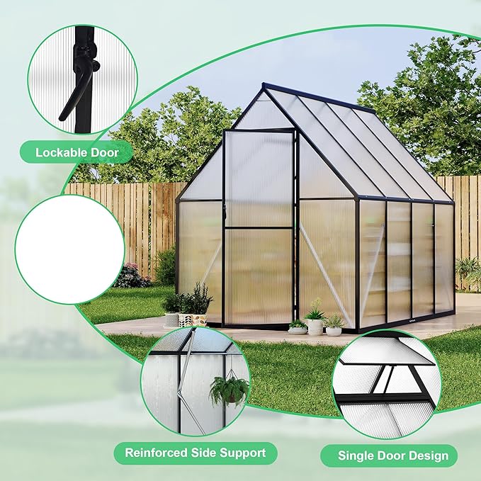 Polycarbonate Greenhouse for Outdoors, Large Walk-InGreenhouse with Quick Setup Structure and Roof Vent, Greenhouse with Ventilation