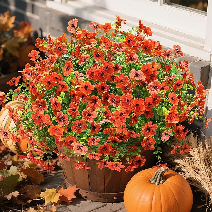 florisso Artificial Fake Fall Mums Flowers Plants for Outdoor Outside Decoration, 12 Bundles Faux Silk Orange Daisy UV Resistant Look Real for Autumn Front Door Porch Planter Patio Garden Home