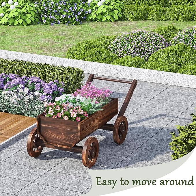 Wooden Wagon Garden Planter Cart with Wheels Rustic Flower Pot – Indoor Outdoor Patio Backyard Balcony Decor for Succulents, Flowers and Plants（Carbonized-L