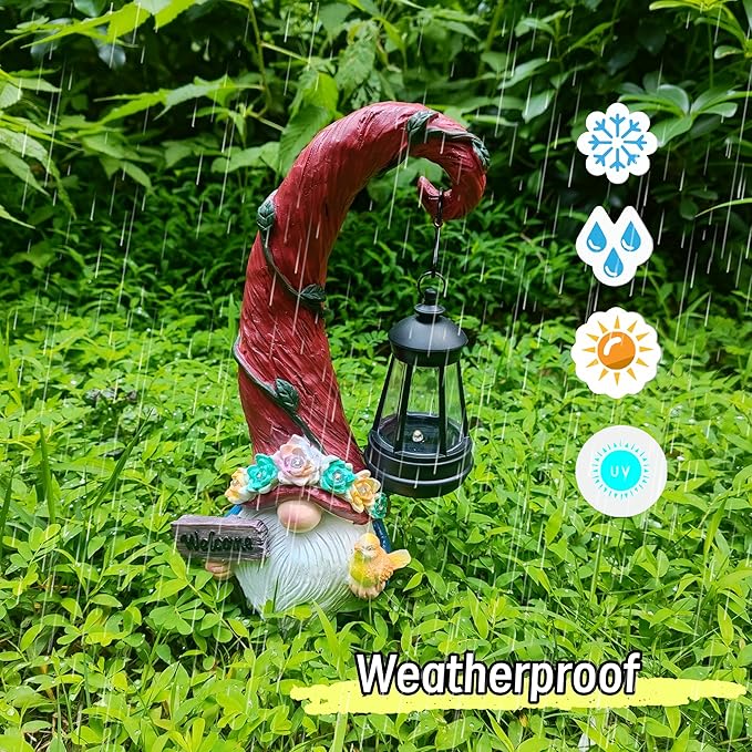 Evursua Solar Outdoor Figurine Lights Gnome Garden Decor Statue with LED Lantern, Glowing Fairy Yard Decorations for Outside Patio Yard Front Porch, Housewarming Home Decor Gifts Thanksgiving