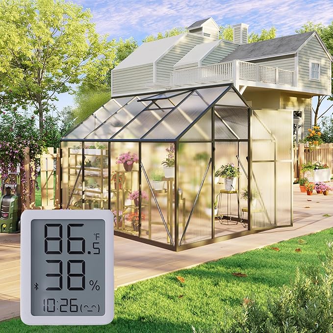6x7.5FT Outdoor Greenhouse, Polycarbonate Green House, Small Walk-in Greenhouse with Vented Roof Window, Windproof Aluminum Frame with Hygrometer , Suitable for Gardening