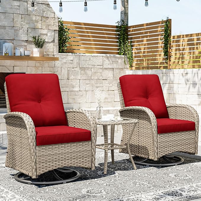 Joyside Outdoor Swivel Rocker Chairs, 3 Piece Wicker Patio Set with Thickened Cushions, High Back, Deep Seating, Wide Armrest, Outdoor Swivel Chairs for Porch, Deck