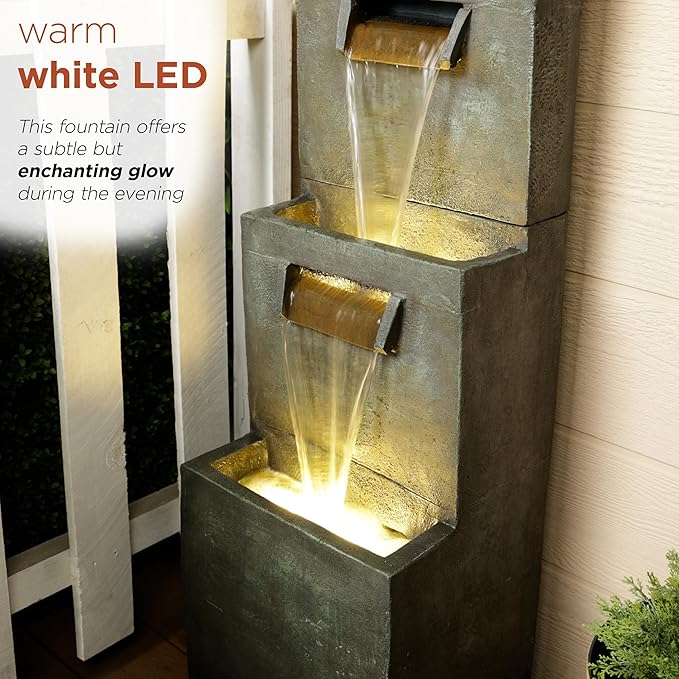 Alpine Corporation 40" Tall Two-Tier Modern Polystone Floor Fountain with Warm White LED Lightsl, Gray