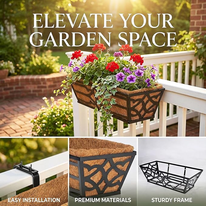 Railing Planter Box, Window Planter Boxes Outdoor 4 Pack 16 Inch Hanging Planter with Adjustable Bracket for Porch, Fence Flower Baskets with Coco Liners