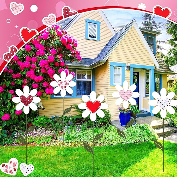 Nuanchu 5 Pcs 27.4" Metal Valentine's Day Yard Signs Valentine Yard Sign Stake Waterproof Love Heart Flower Lawn Signs Valentine Outdoor Decorations for Outside Garden Patio Pathway Home Decor