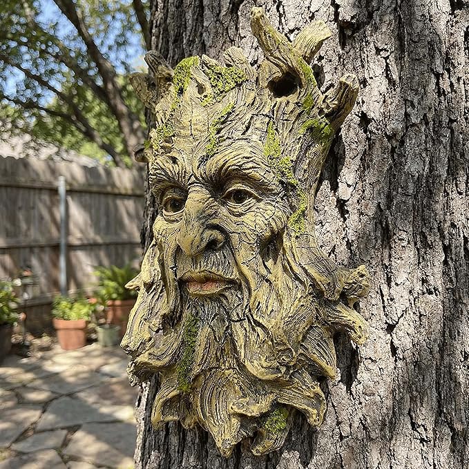 10.3" Whimsical Tree Face Sculpture, Garden Peeker Statue, Outdoor Trunk Tree Huggers Art, Landscape Accent Ornament, Hanging Fairy Elve Figurine for Yard Art, Trees Decor Wall Mounted Statues