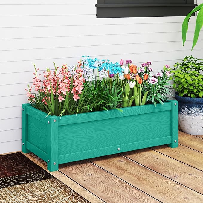 HDPE Raised Planter Box Outdoor,Rot-Resistant and Non-Cracking,Raised Beds for Gardening 29.5 * 14.4 * 9.8 in for Yard,Lawn,Outdoor Planter Boxes Rectangle with Drainage Holes Aruba Blue