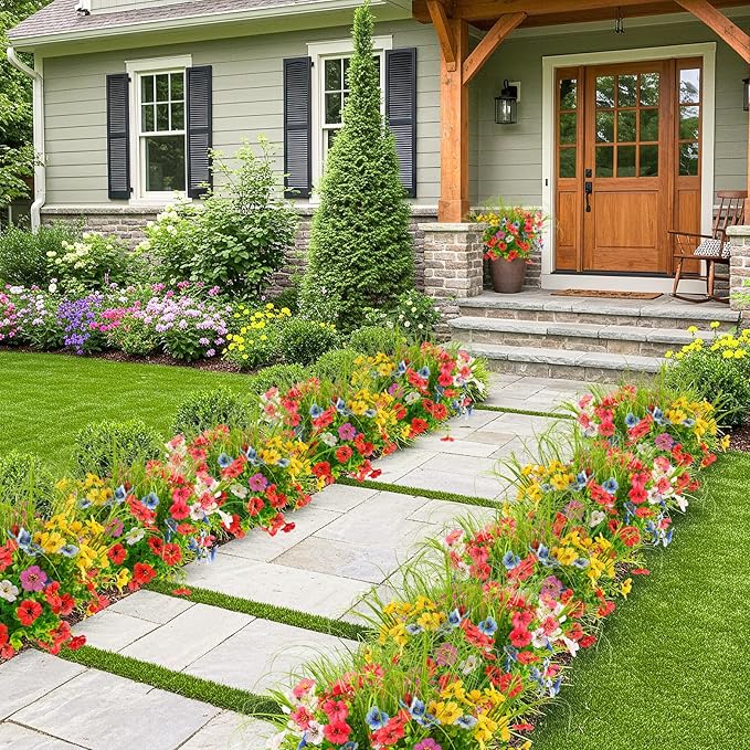ATTGREAT Artificial Flowers Outdoors Faux Plants UV Resistant Spring Plastic Realistic Flowers Outside Fake Greenery Stems for Garden Porch Planters Hanging Decor, 12 Bundles