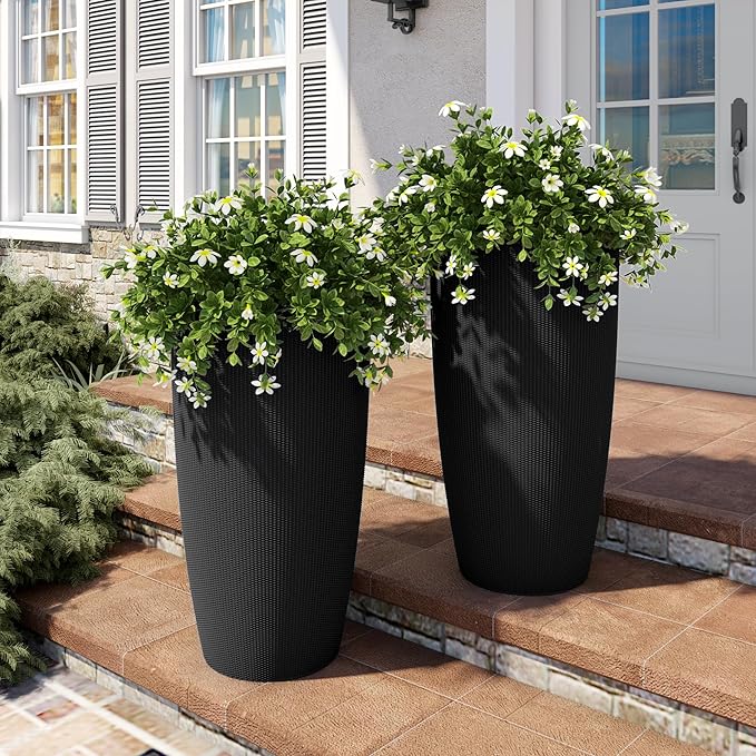 Vigo huseeo 22" Tall Planter Set of 2, Large Self Watering Pots for Indoor/Outdoor Plants with Drain Holes, Water Level Monitor, Inner Bucket for Front Porch Patio, Black Rattan Conical
