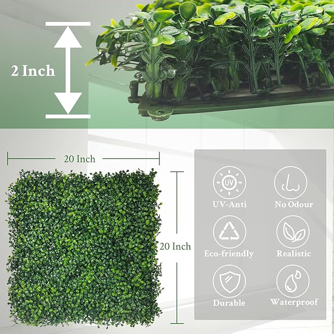 DOPGIB Artificial Boxwood Panels,20"x 20"(8P) 4-Layer Leaf UV-Protected Grass Wall Backdrop Panels for Outdoor, Indoor, Garden&Fence Covering Privacy, Backyard and Decor