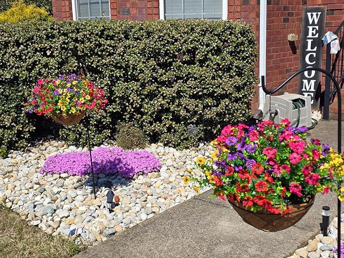Lamsze Artificial Faux Hanging Plants Flowers Basket for Summer Autumn, Colorful Daisy Flowers Eucalyptus UV Resistant Look Real for Outdoor Outside Porch Decoration