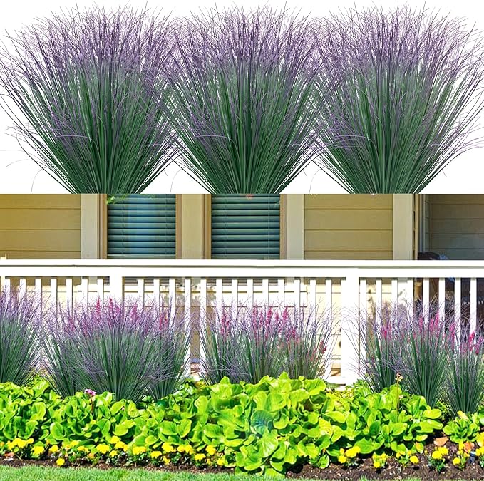 LUZOGA 100Pcs Artificial Grass Plants, Faux Shrubs Wheat Grass, Artificial Tall Fake Plants for Outdoor Decor, Greenery Stems Weed for Room Indoor Home Decor（Green Purple Tail）