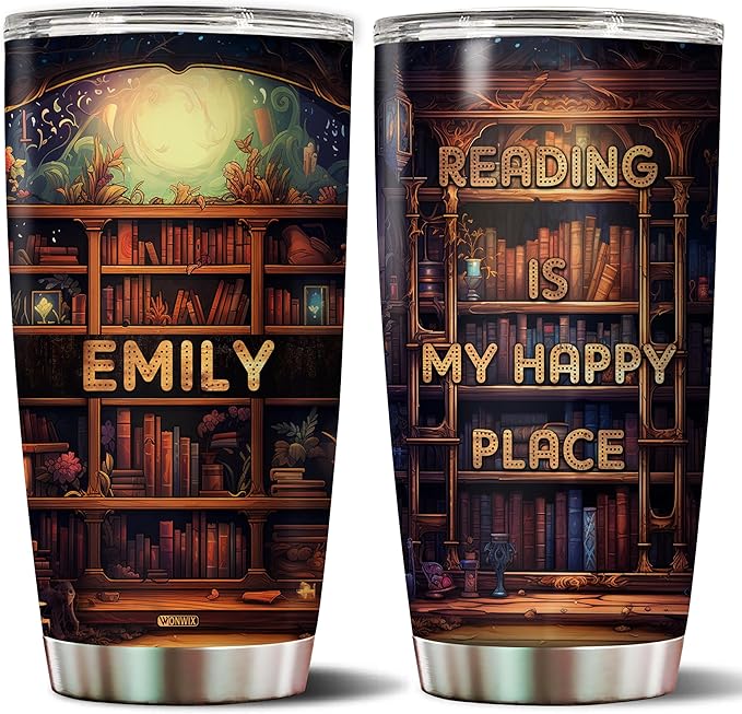 WONWIX Personalized Book Lovers Tumbler Gifts for Librarian Book Lover Women Readers Bookworm 20oz Travel Cup Coffee Bookshelf Mug Stainless Steel Insulated with Lid