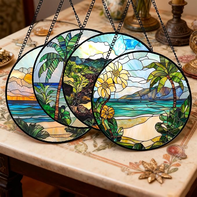 DASTOLL Stained Glass Window Hanging 4 Pcs Set Blue Ocean Coconut Tree Scenery 7.8" - Suncatcher Door Garden Sun Catcher Decor Birthday Christmas for Mom Woman Nana Men