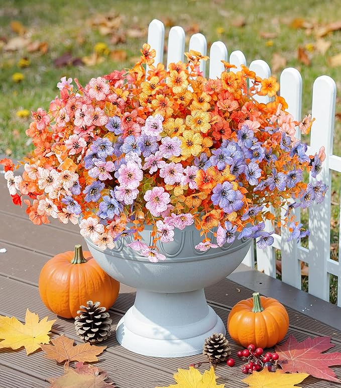 florisso Artificial Fall Flowers Fake Mums for Outdoor Autumn Decoration, 12 Bundles Faux Silk Orange Yellow Mums Daisy Look Real UV Resistant for Outside Home Porch Patio Planter (Fall-6multicolor)