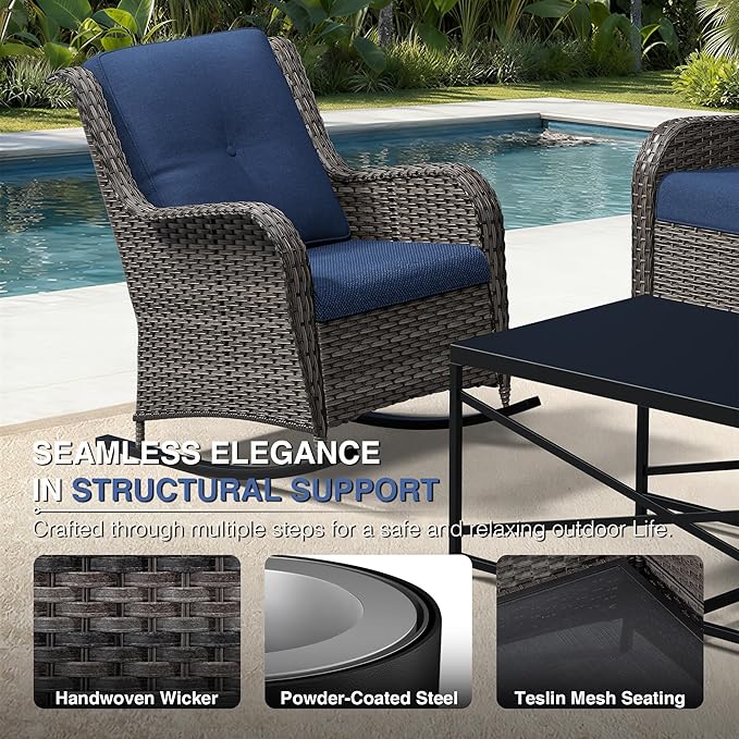 Joyside Outdoor Rocking Chairs Set of 2, Wicker Patio Furniture with High Back, Deep Seating, Wide Armrest, Thickened Cushions, Outdoor Rattan Furniture for Deck, Porch Use