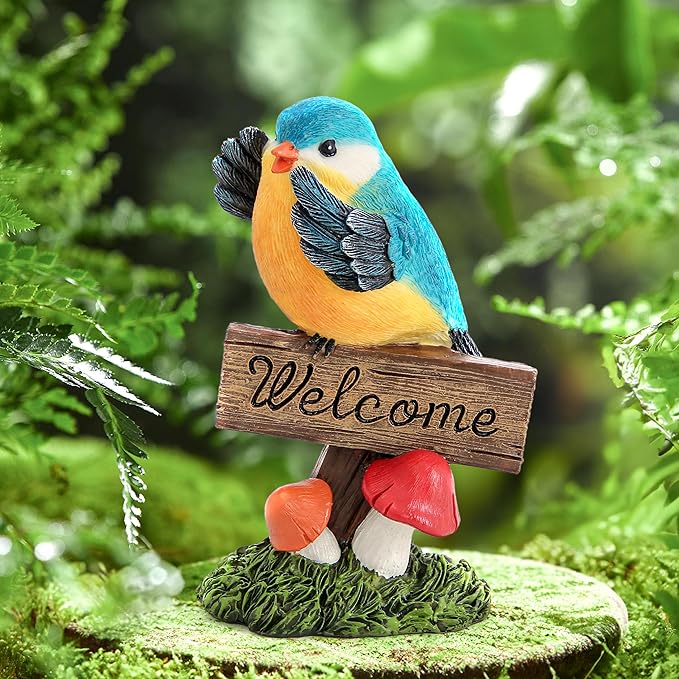 Bird Decor for Garden Statues,Bird Figurines Welcome Sign for Outdoor Decorations,Birds Decorative Outdoor Statue for Garden Patio Yard Lawn Home Shelf Decor,Gardening Gifts for Birds Lovers Women