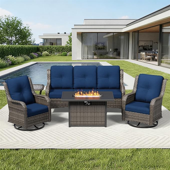 Joyside 5 Piece Wicker Patio Furniture Set with Fire Pit Table, Outdoor Swivel Rocker Patio Chairs with High Back, Deep Seating, Wide Armrest, Thickened Cushions, Outdoor Furniture for Deck, Porch Use