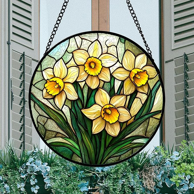 DASTOLL Stained Glass Window Hanging, Daffodil Plant Flowers Sun Catchers Diamond Glass Panel Hangings Suncatcher Decor for Birthday for Women, Men, Wife, Aunt, and Mom 14.9x14.9 in