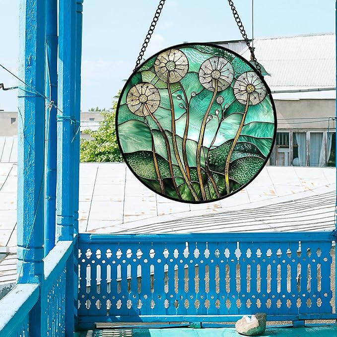 AMDERVEN Stained Glass Window Hanging, Green Abstract Lotus Leaves Tree Sun Catcher for Window Door Home Decor Plant Suncatcher Christmas Mother's Day Birthday Gifts for Women Men Mom Nana 11.8 in