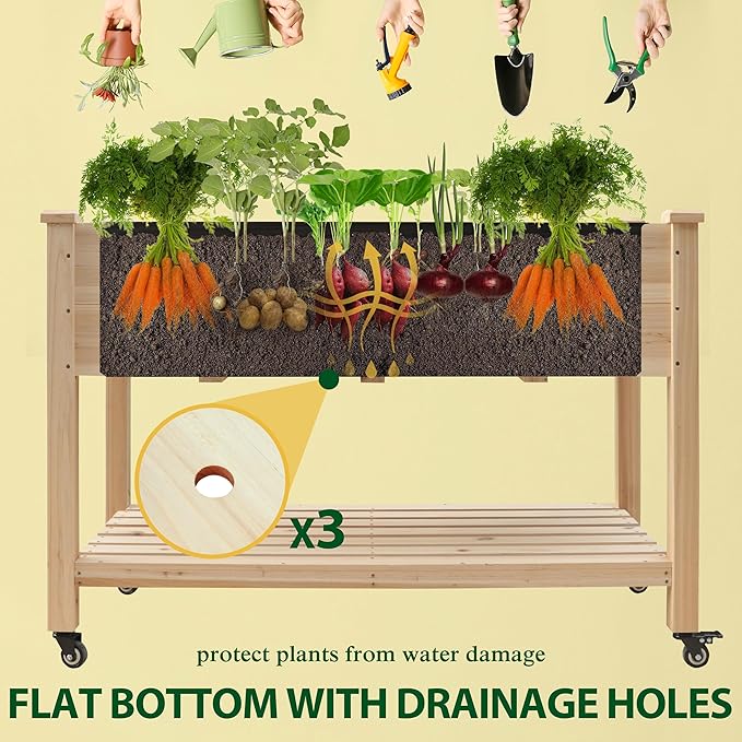 BlueWish 48" W x 24" D x 33" H Planter Boxes Outdoor, Cedar Garden Bed with Detachable Black Liner, Drainage Holes, Storage Shelf, Raised Beds for Gardening, Vegetable, Flower