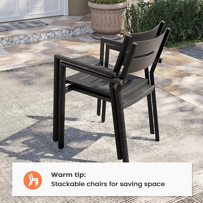 Pellebant Aluminum Stackable Patio Dining Chairs Set of 2, Black Outdoor Dining Chair with Armrest, All Weather for Patio, Lawn, Garden