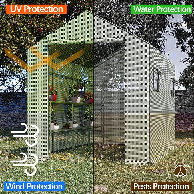 9.75 ft Big Walk in Greenhouse with Screen Windows & Roll-Up Zipper Door, 67 x 117 x 83'' Plant Green Houses for Outdoors, 3 Tiers 18 Shelves Stands Plastic Portable Heavy Duty Indoors Warm (Green)