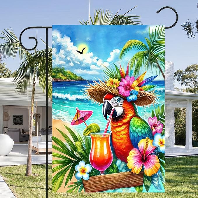 Summer Parrot Garden Flag 12x18 Double Sided Tropical Bird Yard Flag Red Parrot Welcome Banner Outdoor Beach Palm Tree Decor Summer Garden Decorations for Home Lawn Patio Porch