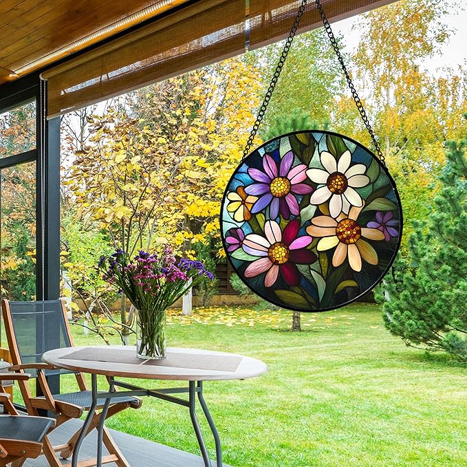 Stained Glass Window Hanging - Colorful Daisies Suncatcher for Door Garden Patio Retro Flower Sun Catchers Decor Christmas Mother's Day Birthday Gifts for Women Mom Nana Aunt Friend 7.8 in