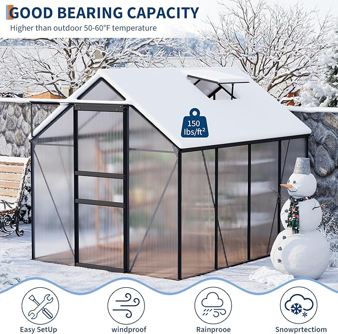 GAOMON 6 x 8 FT Polycarbonate Greenhouse - Winter Greenhouses for Outdoors, Aluminum Frame, Sliding Door, Adjustable Roof Vent, Backyard Green Houses, Black