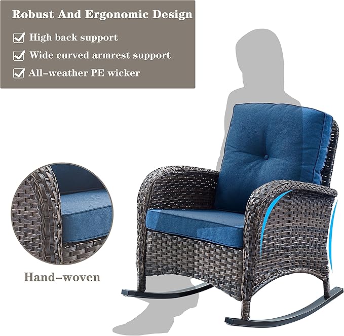 Belord 7 Piece Outdoor Patio Furniture Sets with Rocking Chairs, Wicker Loveseat Conversation Sets for Patio Deck Backyard Poolside, Blue Cushion