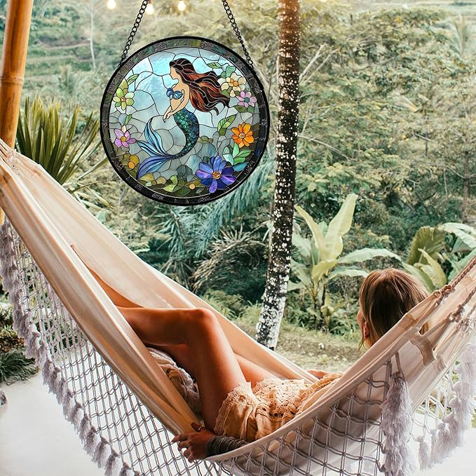 JOSUMALY Stained Glass Window Hanging - Light Blue Mermaid Suncatcher for Door Terrace Garden Home Decor, Ocean Flowers Sun Catcher Birthday Gifts for Lovers Women Men Dad Mom Nana 11.8 in