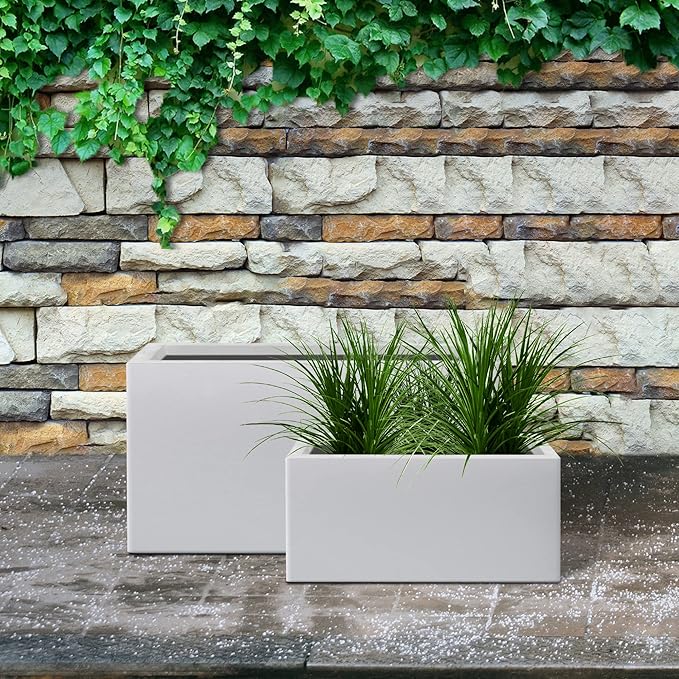 Kante 31.4" and 23.6" L Rectangular Concrete Planters (Set of 2), Outdoor Indoor Modern Plant Pot with Drainage Hole and Rubber Plug for Garden, Patio, Pure White Finish