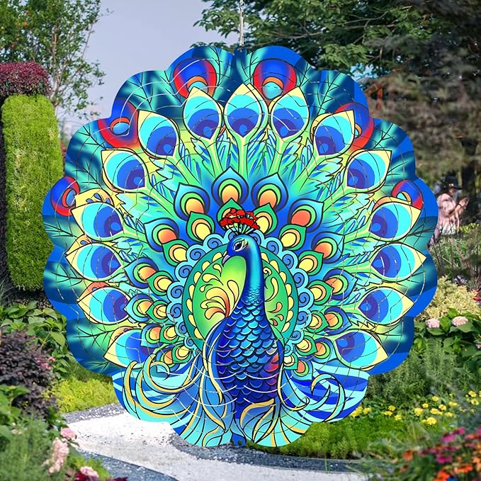 Peacock Wind Spinners Outdoor for Women Mom Grandma,12inch Metal Hanging Wind Sculptures for Outside Decor, Peacock Ornament Presents for Yard Garden Decoration