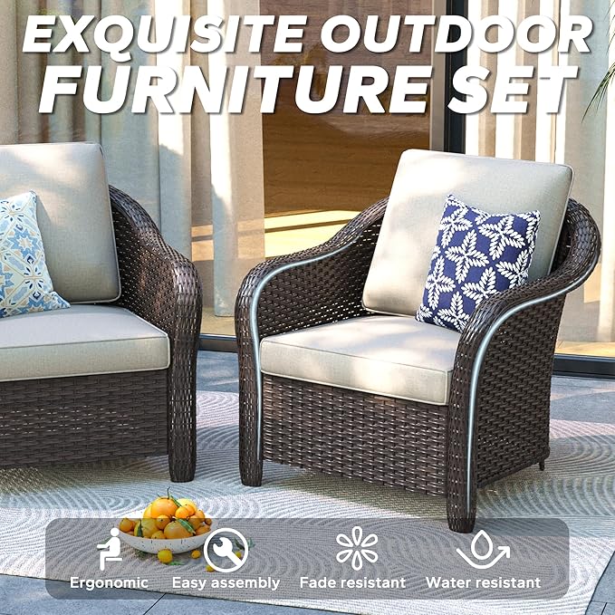 5 PCS Outdoor Conversation Set | 55" Couch, 2 Chairs, 2 Swivel Chairs, Patio Wicker Conversation Furniture with Removable Cushions for Bistro, Deck, Sunroom (Beige)