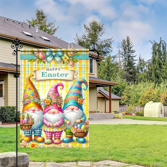 Happy Easter Garden Flag 12 x 18 inch Double Sided Outdoor Decoration Flag Cute Gnome Yard Flag Farmhouse Small Yard Flag Holiday Garden Outdoor Flags Welcome Yard